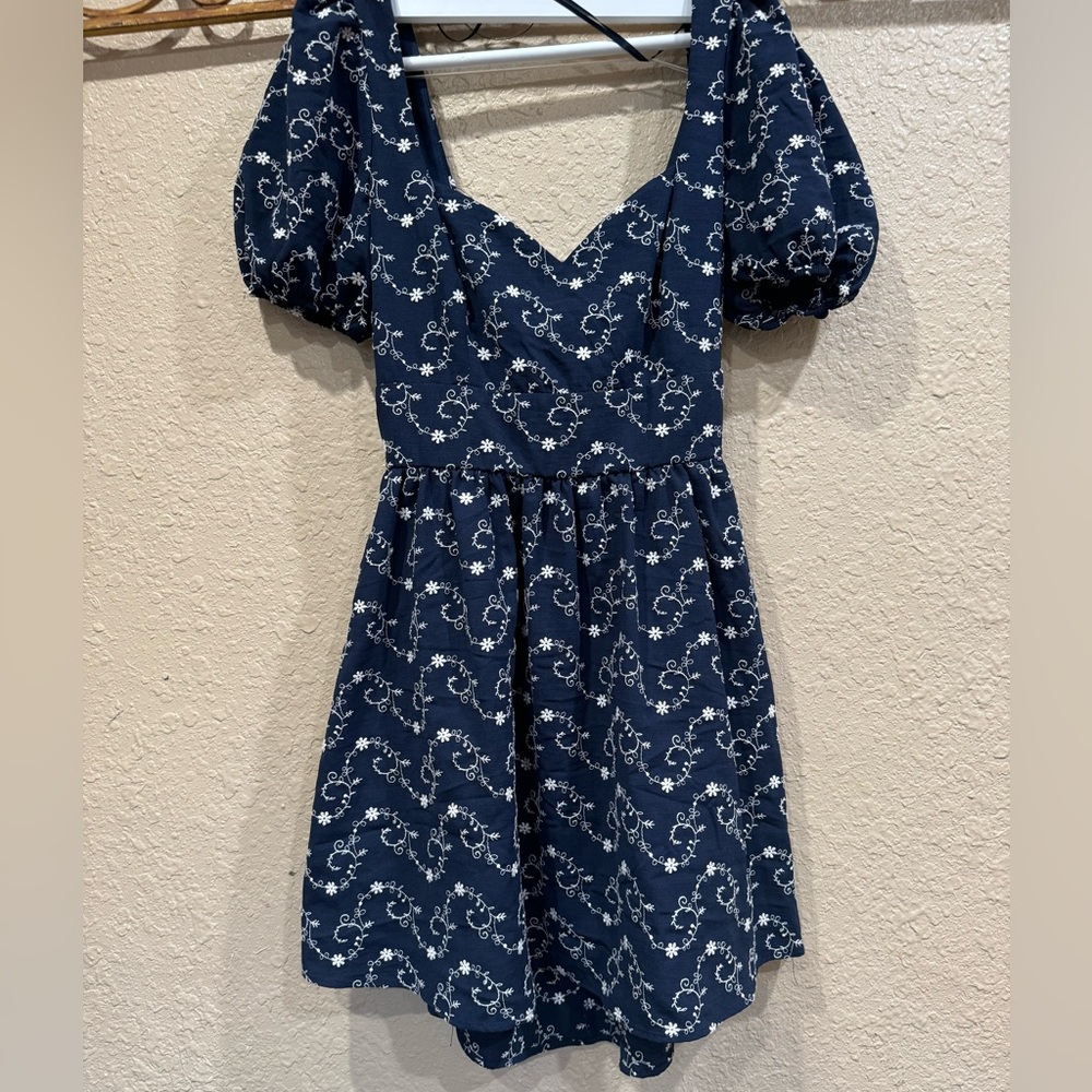 Navy blue embroidered tie back dress